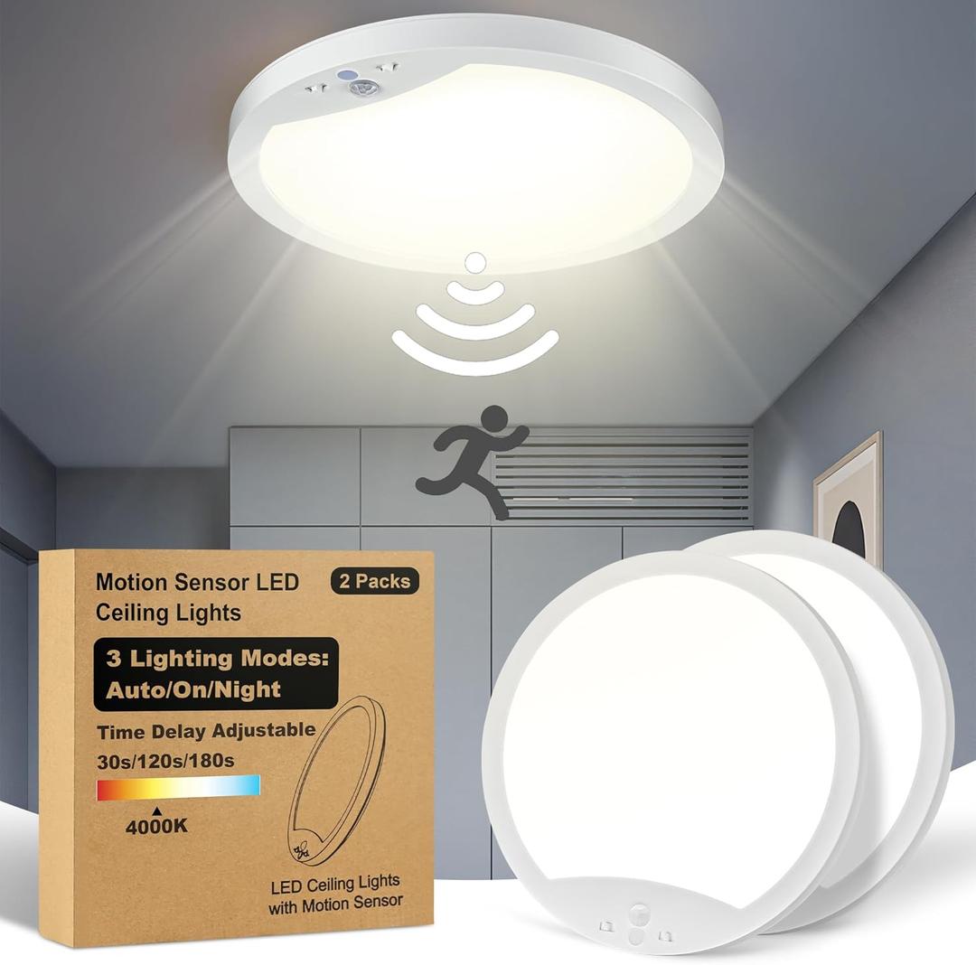 2-Pack 20W Motion Sensor Ceiling Lights Hard-Wired, 9Inch Indoor Motion Activated LED Ceiling Light Fixtures with 3 Modes, 4000K Flush Mount Lights for Closet Stairwell Hallway, NOT Battery Operated (4000K Neutral White)