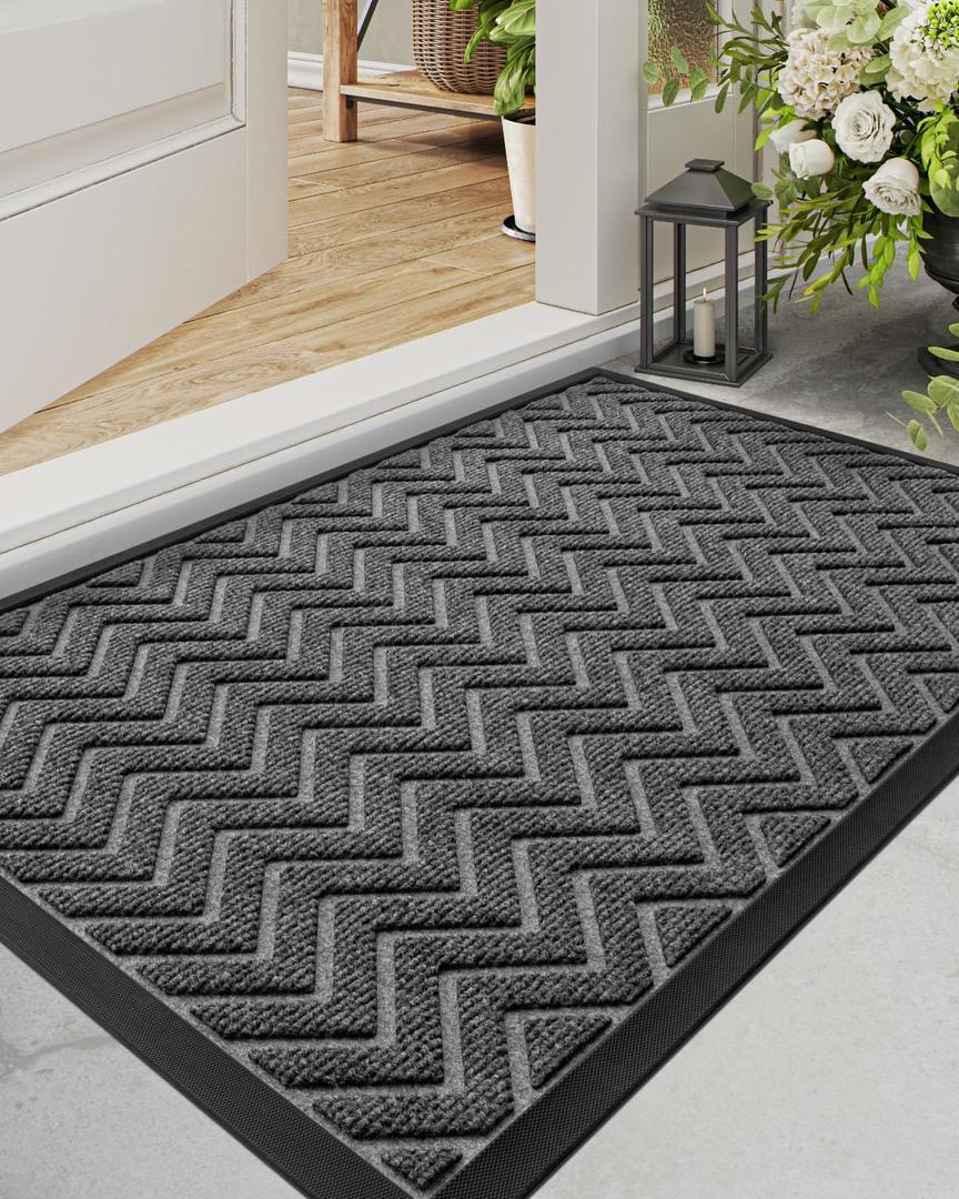 DEXI Front Door Mat Outside Entrance, 2x4 ft Rubber Entry Doormat Heavy Duty, Welcome Mats Non Slip for Inside House Floor Entryway Double Doors Exterior Patio, Chevron Dark Grey