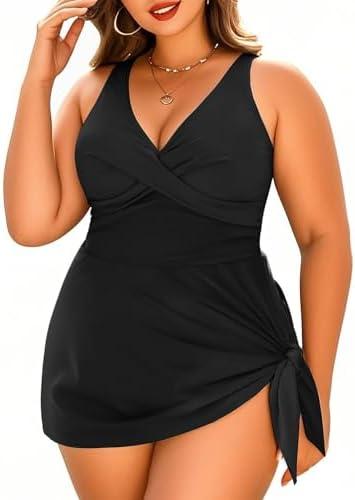 Daci Plus Size Swim Dress - One Piece Swimsuits Tummy Control Bathing Suits Flowy Asymmetrical Swimwear with Bottom Built in, 20Plus