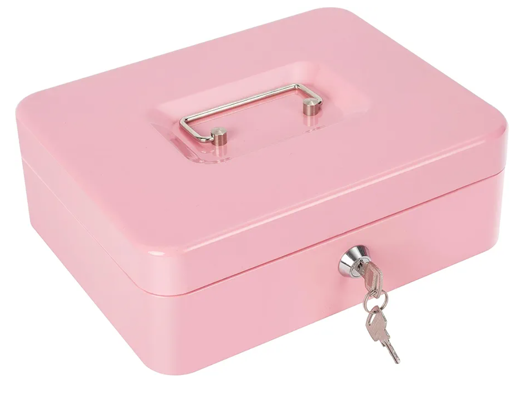 Cash Box with Lock and Money Tray Metal Money Box Large Cash Lock Box for Money 9.84" x 7.87" x 3.54" Pink