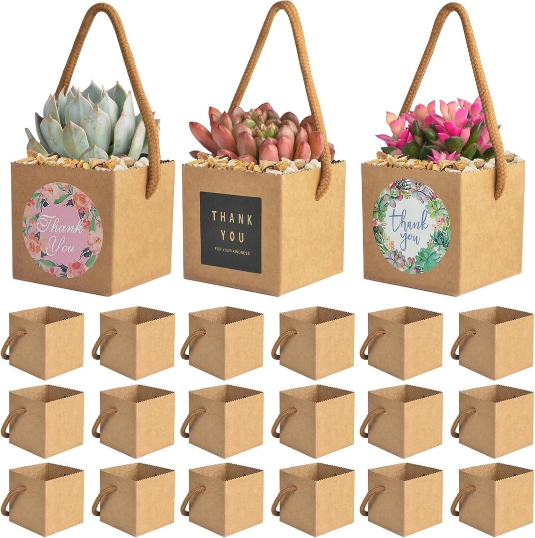 50PCS Succulent Wrap Bags with 104PCS Thank You Stickers, Fits 2.36In Pots Kraft Paper Succulent Gift Box with Handle, Baby Shower Party Favors for Guests Mini Succulent Gift Bag for Christmas Wedding