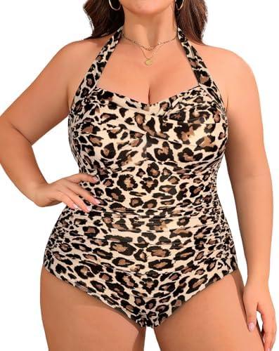 Yonique Plus Size Bathing Suit for Women One Piece Swimsuit Tummy Control Halter Tops for Women Swimwear 20W, Leopard