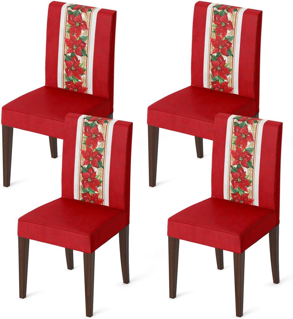 Horaldaily 4PCS Christmas Dining Chair Covers,Watercolor Red Poinsettia Stretch Removable Washable Slipcover Chair Protector for Dining Room Home Decor