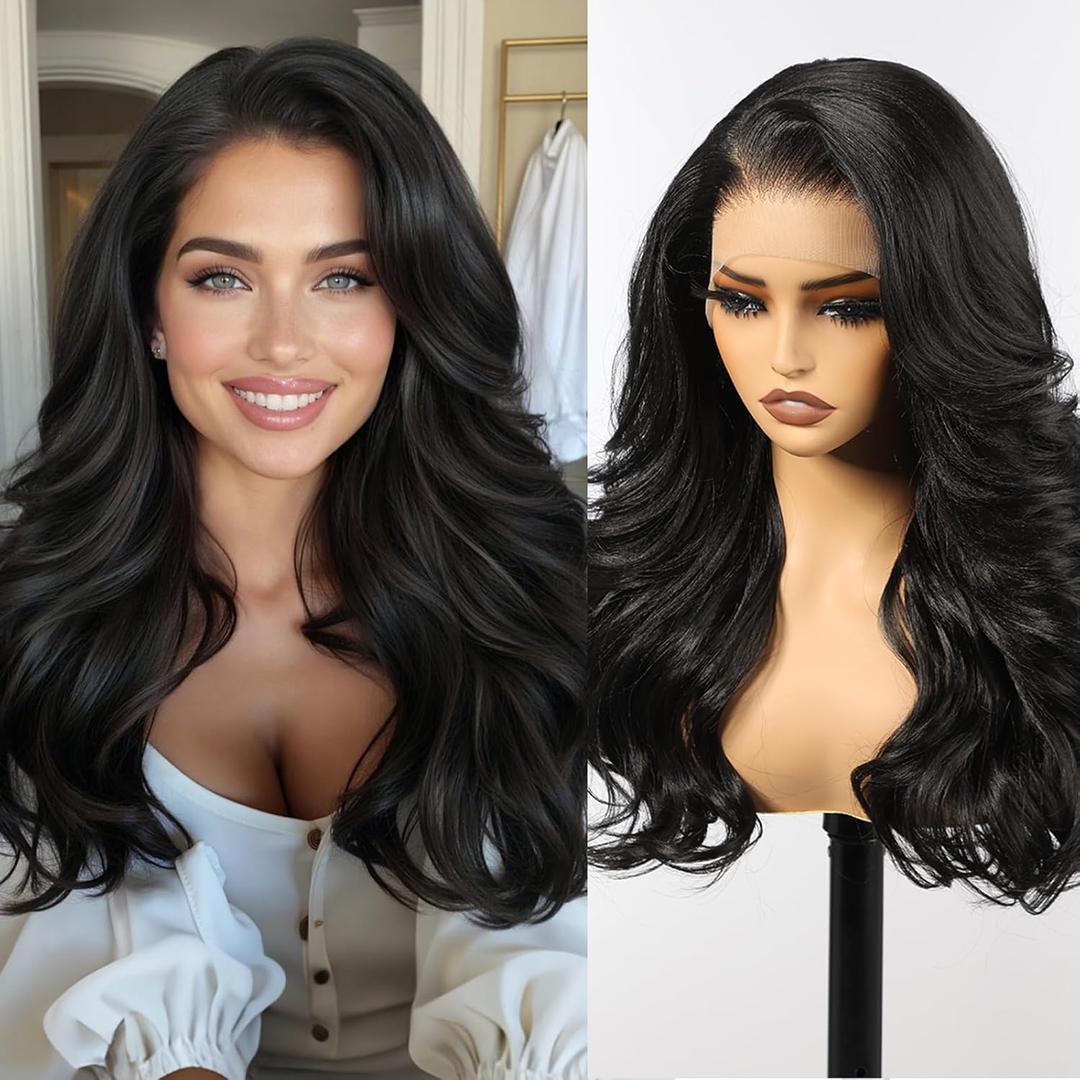 HAIRCUBE 13x6 HD Synthetic Lace Front Wig, 24 Inch Black Long Curly Layered Wigs, Natural Density Hairline Glueless Wigs for Women Daily Use