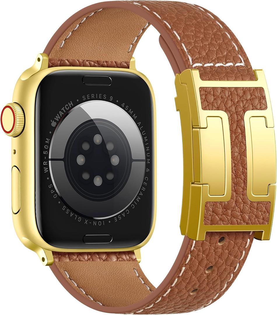 Adorve Leather Magnetic Watch Band for Apple Watch Bands Women 38mm 40mm 41mm 42mm 44mm 45mm 46mm 49mm, Top Grain Leather Strap with H Magnetic Clasp, iWatch Band for Series 11/10/SE/9/8/7/6/5/4/3/2/1