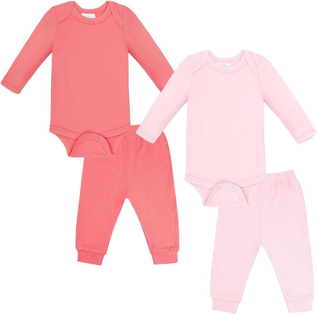 Comfort Baby Outfit Set: Soft Bodysuits and Pants Layette Set, 4-Piece Unisex Baby Clothes Gift for Boys Girls (Pink, M)