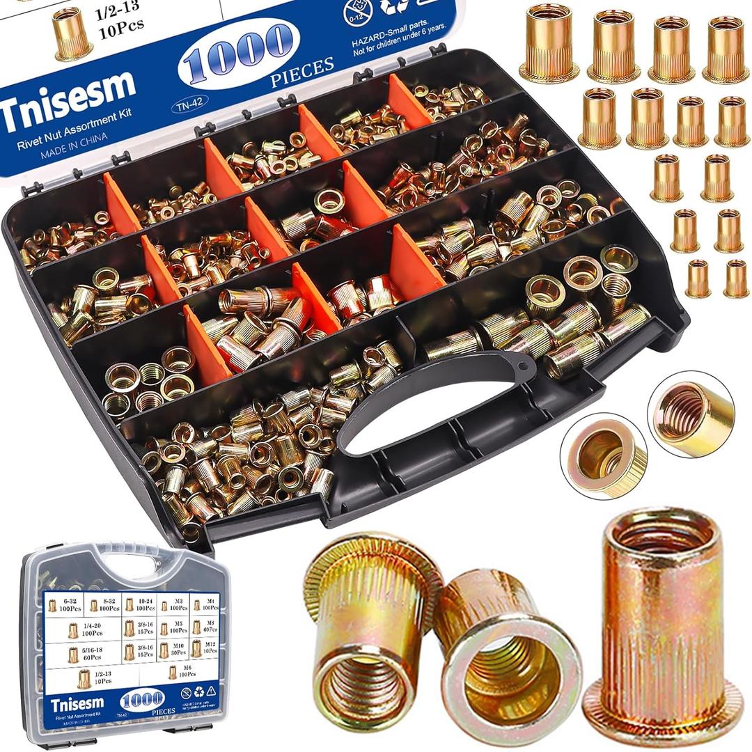 Tnisesm 1000Pcs SAE & Metric Rivet Nut Assortment Kit, Galvanized Carbon Steel Flat Head Threaded Insert Nuts 6-32, 8-32, 10-24, 1/4-20, 5/16-18, 3/8-16, 1/2-13 M3 M4 M5 M6 M8 M10 M12 Nutsert Set