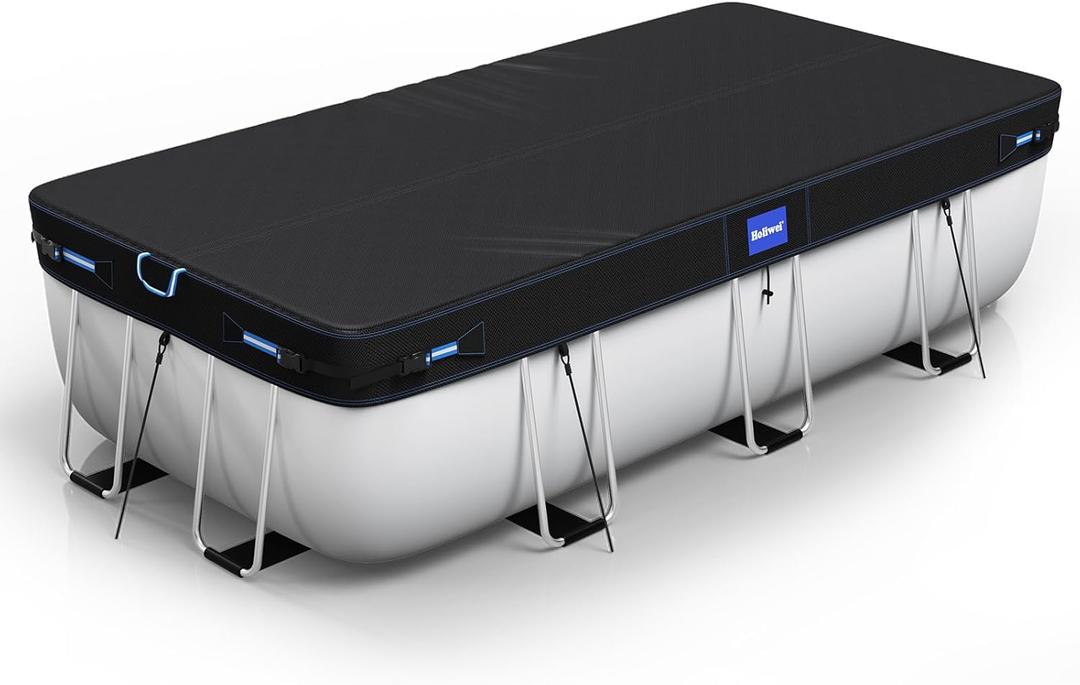 9x18 Ft Rectangular Pool Cover with Reflective Strips for Above Ground Pool, 420D Swimming Pool Cover for Rectangular or Oval Frame Pools, Solar Cover with Drawstring and Ground Nails