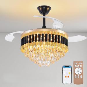 42'' Crystal Ceiling Fan Fandelier with Lights-Low Profile Flush Mount Ceiling Light with Fan, Reversible and Remote Control Black Ceiling Fan Light for Bedroom, Living Room