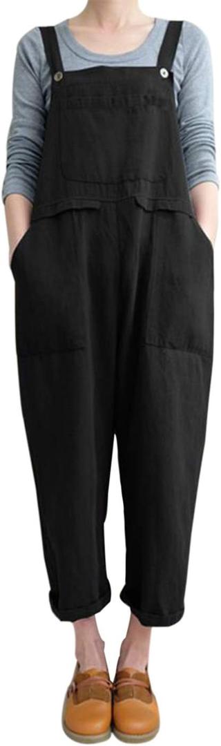 Gihuo Women Linen Overalls Jumpsuits Loose Fit Baggy Bib Rompers Casual Summer Outfits Trendy 2025 (3X-Large, Black)