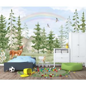 Forest Animals Kids Wallpaper Peel and Stick Nursery Pine Tree Self Adhesive Wall Mural for Children's Room Bedroom 137"x100"