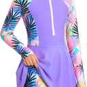 HOZIY Girls Long Sleeve Swimsuit Two Piece Rash Guard Dress with Swim Shorts Front Zip for Kids Tween Teens UPF 50+, 9-10Y