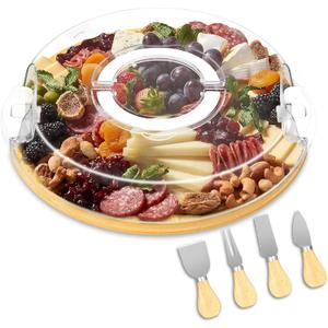 MinBoo Bamboo Round Charcuterie Board with Clear Lid, Travel Picnic Portable Cheese Board Charcuterie Boxes, Meat Fruit Serving Tray Platter, House Warming Gifts New Home, Gifts for Women