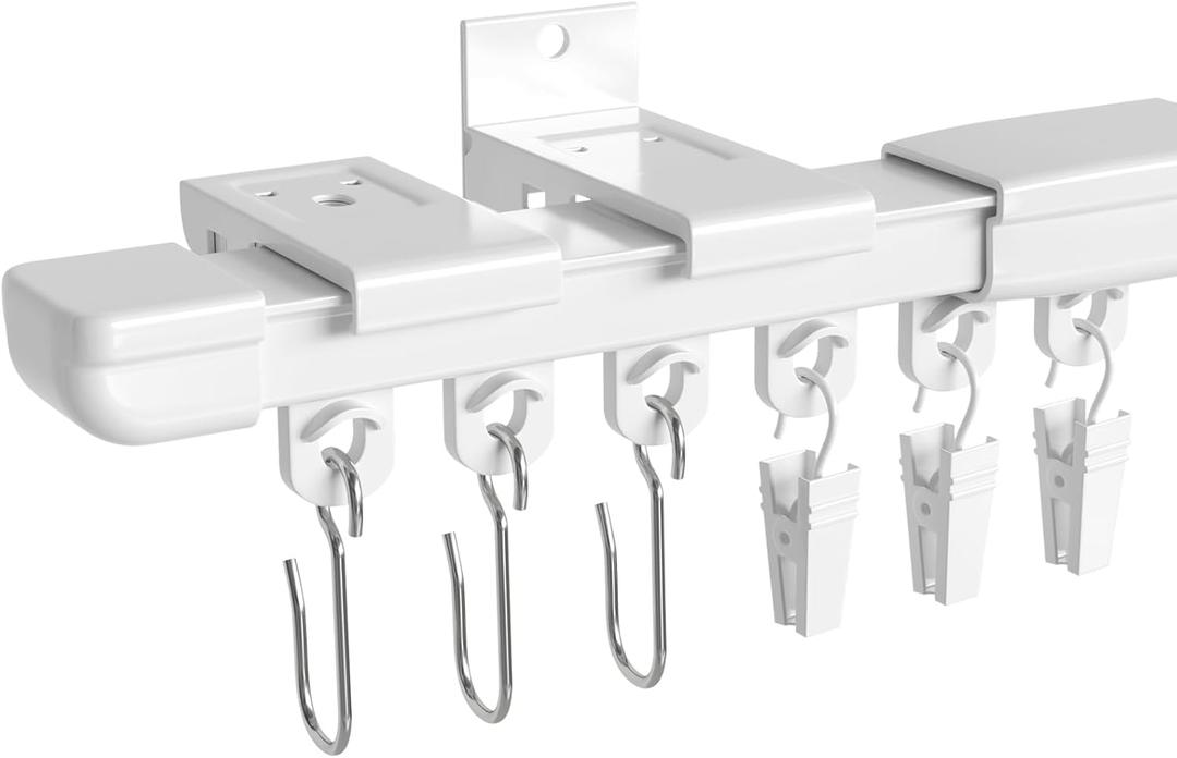 MEXAU White Ceiling Curtain Track, 3 to 9 Feet No-Cut Adjustable Heavy Duty Aluminum Curtain Rail, Wall/Ceiling Mount for Living Room, Bedroom, Bathroom, RV & Room Divider, Includes Hooks & Clips