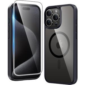 FNTCASE for iPhone 15 Pro-Max Case: Clear Magnetic Phone Cases with Screen Protector Compatible with Magsafe Slim Anti Yellowing Rugged Shockproof Protective Transparent Cell Cover (B-Black)