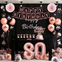 80th Birthday Decorations for Women, 54pcs Happy 80th Birthday Crown and Sash, Black Rose Gold Banner Backdrop Balloons Hanging Swirls Paper Fans, 80 Years Old Birthday Party Supplies Kit
