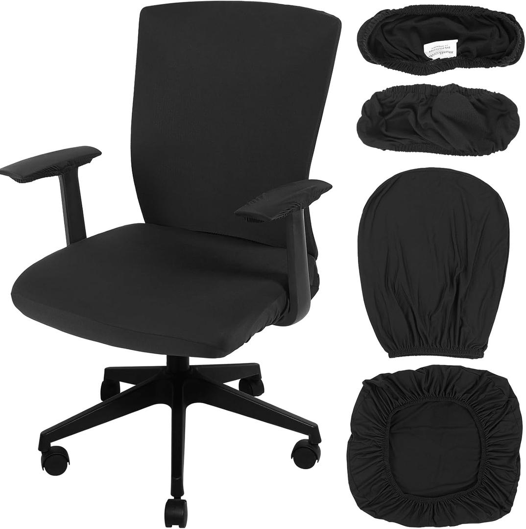 Tallew 4 Pcs Office Chair Covers Set Computer Universal Protective Stretchable Chair Seat Covers Desk Armrest Cover Pads Office Cushion Backrest for Rotating(Regular,Black)