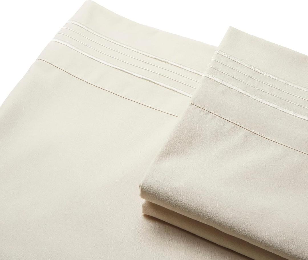 Rhapsody Luxurious Pillowcase Set 1800 Thread Count Brushed Microfiber with 4 Line Embroidery Hotel Luxury Comfy Breathable Bed Sheets Easy-Fit, Extra Soft & Wrinkle Free (Beige, Pilowcases), King Size