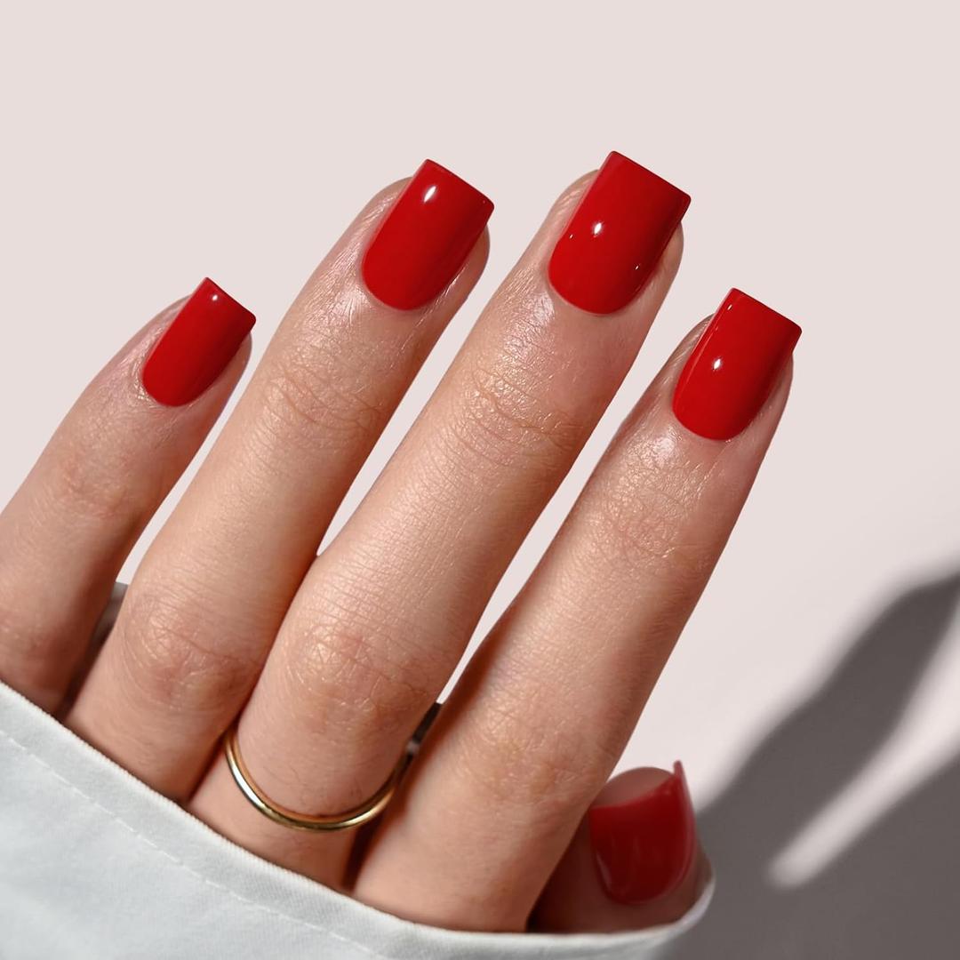 BTArtbox Press On Nails Short - Red Square Press On Nails with Glue for Women, Opaque Soft Gel Glue On Nails in 16 Sizes - 32 Stick On Nails Kit, Hot Lap
