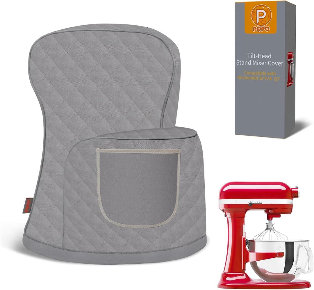 Stand Mixer Cover Compatible with KitchenAid 6/7/8 Quart Bowl-Lift Mixer, Quilted Waterproof Appliance Dust Protector with Storage Pocket(Gery)