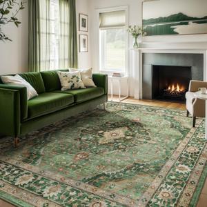 9x12 Rugs for Bedroom, Vintage Washable Rugs Non Slip Large Area Rug for Living Room Dining Room Office, Floor Decoration Big Rug Carpet Low-Pile Kid & Pet Friendly(Border Green)