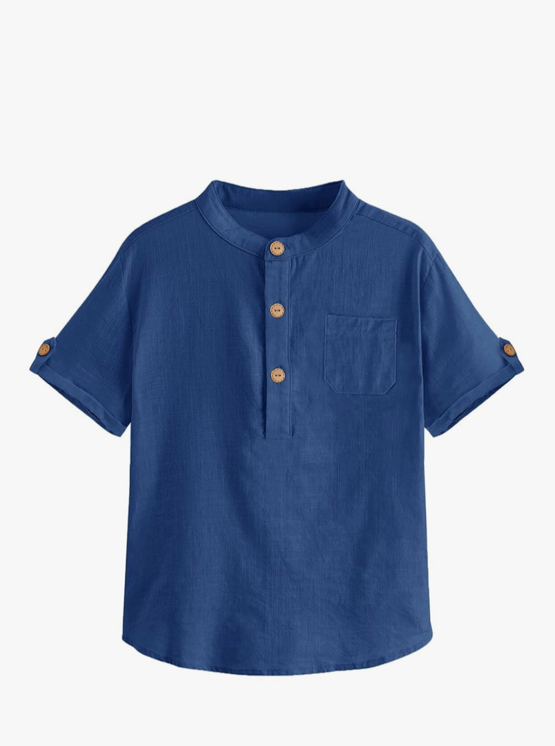 Boys Short Sleeve Henley Shirt Button Up Linen Cotton Dress Shirts Tees Tops with One Pocket, Size 9-10