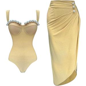 FLAXMAKER Black Double Shoulder Straps Chest Pearl One Piece Swimsuit and Skirt (Large)