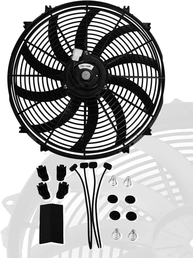 16" inch Universal Slim Fan Push Pull Electric Radiator Cooling 12V Mount Kit (Black)
