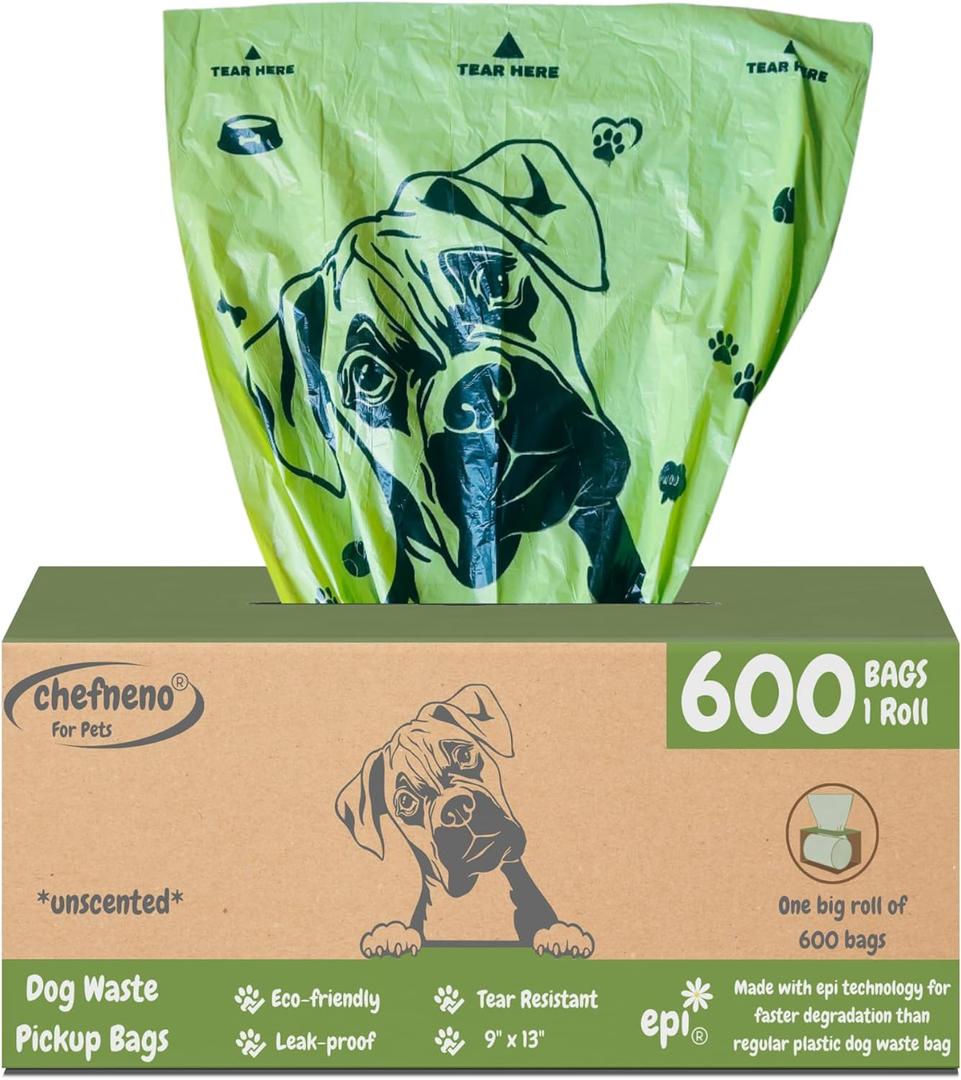 Chefneno 
Dog Poop Biodegradable Bags One Biig Roll (600 ct.) Eco-friendly Doggy Poop Bags Pet Waste Pickup Bag Degradable Cat Waste Disposal Bags (1 Roll, 600 Bags)