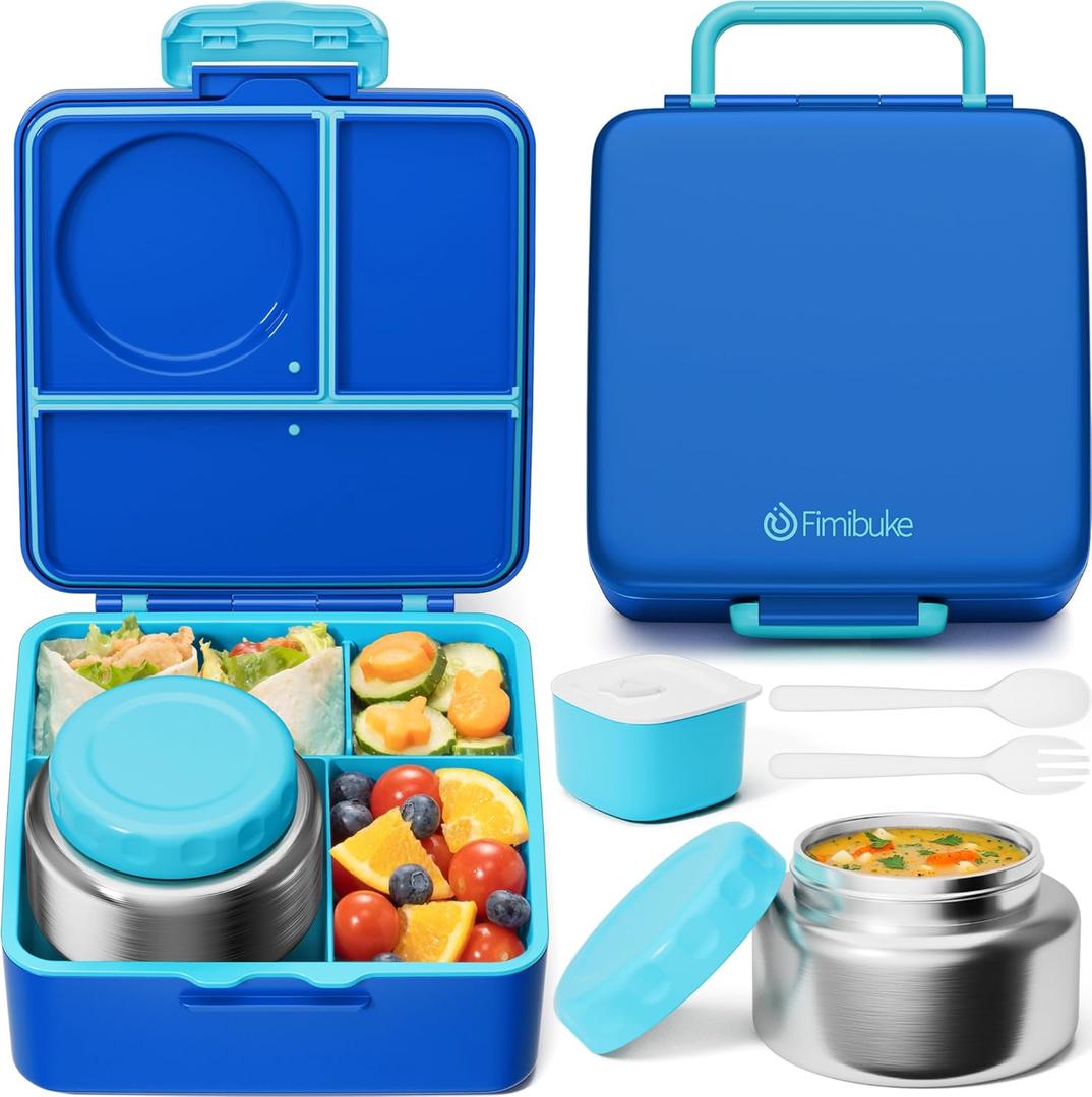 Fimibuke Bento Box for Kids Adult, BPA Free & Leakproof Toddler Lunch Box with 8.5oz Insulated Thermos Food Jar, Utensils & Sauce Jar, Dishwasher Safe 3 or 4 Compartment Container for School Girl Boy (A1. Nautica Blue)