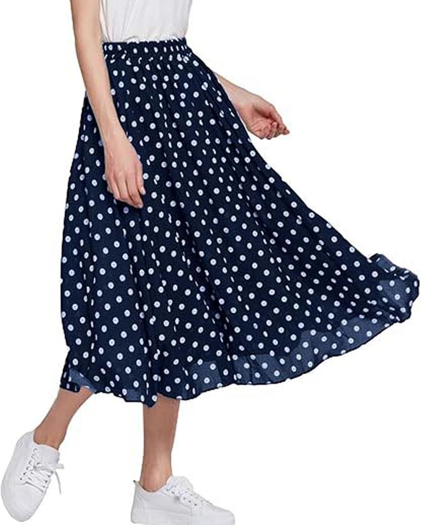CHARTOU Women's Casual Contrast Polka Dot Chiffon Bohemia Swing Beach Midi A-Line Skirts