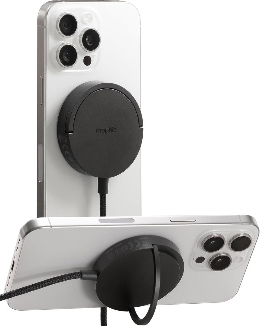 Mophie 15W Wireless Charging Pad with Kickstand - MagSafe and Qi2 Compatible for iPhone 17/16/15/14/13/12, AirPods Pro (2nd & 3rd Gen), Compact Travel Design with Integrated Cable, Black