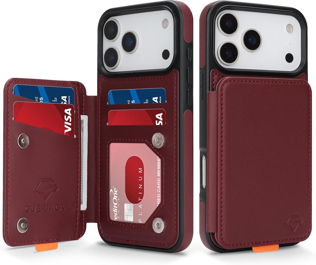 GUERNICA for iPhone 17 Pro (6.3") Case Wallet with Card Holder, RFID Blocking Leather Protection, Shockproof Women Men Phone Case for Apple 17 Pro, Wine Red