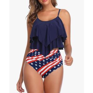 American Trends High Waisted Tankini Swimsuits for Women Flounce Top Tummy Control Bathing Suits, Small