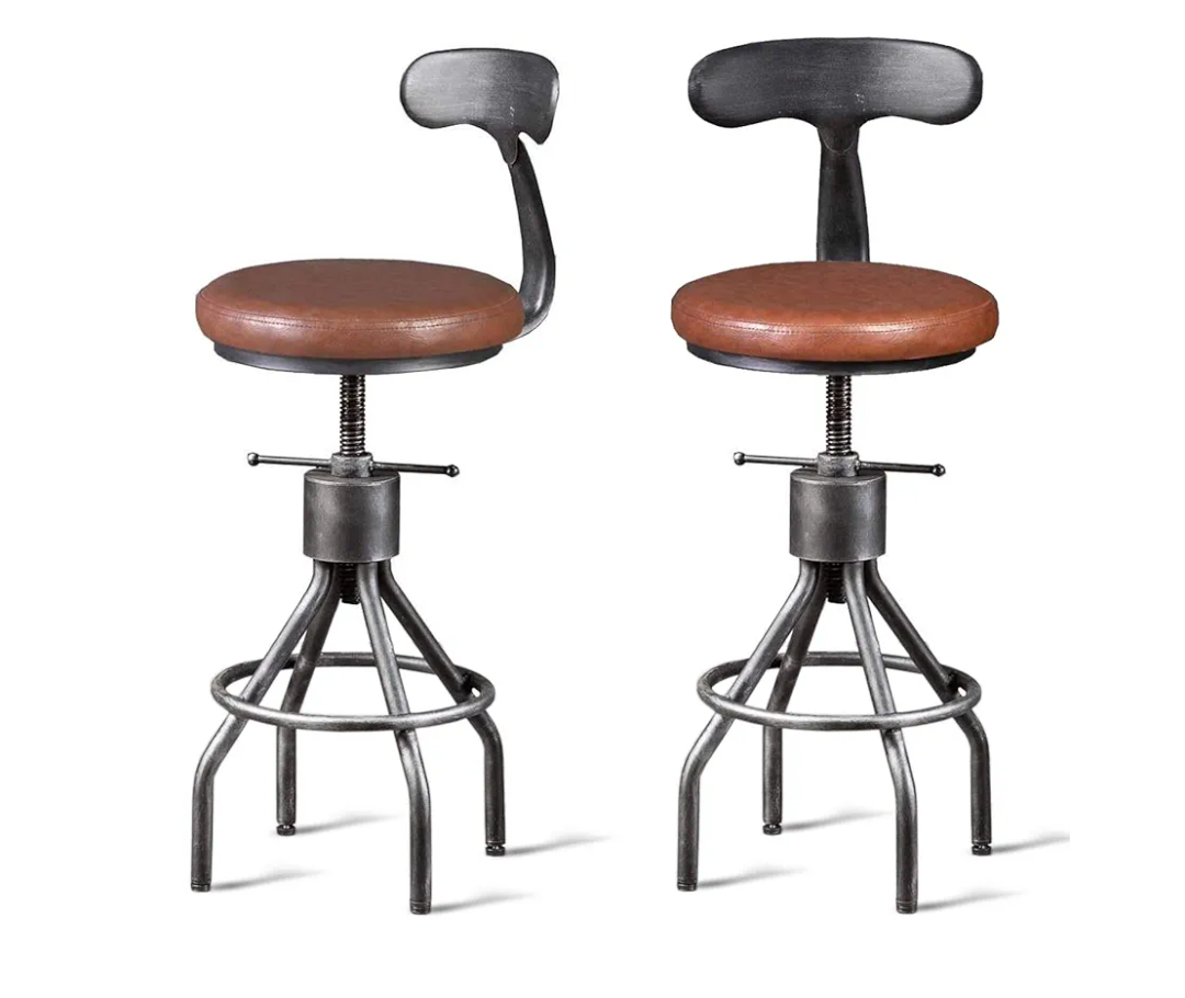 Diwhy Industrial Vintage Bar Stool, Kitchen Counter Height Adjustable Pipe Chair, Cast Iron Stool, Swivel Bar Stool with Backrest, Silver, Fully Welded Set of 2 Brown Upholstered