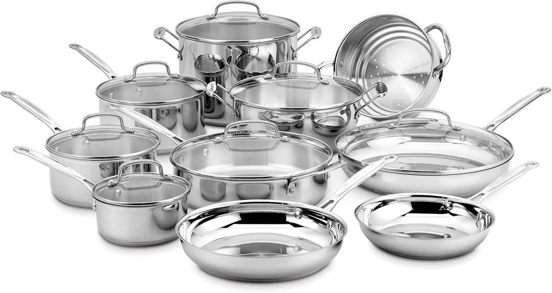 Cuisinart 17-Piece Stainless Steel Cookware Set, Chef's Classic Steel Collection with Pure Aluminum Core for Quick and Even Heat, Cool Grip Handles, Dishwasher Safe, 77-17N