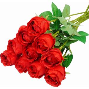 10pcs Red Roses Artificial Flowers with Long Stem Real Looking Red Fake Roses for DIY Wedding Bouquet Table Centerpiece Faux Red Roses for Bridal Shower Floral Arrangements Home Party Decor (Silky Ruby)