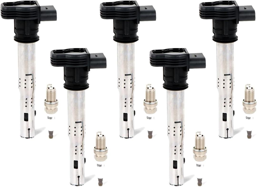 5PCS UF575 Ignition Coils Pack & Iridium Spark Plugs Compatible with Audi A3 2004-2013, A4 2005-2016&Volkswagen Jetta 2005-2015, Tiguan 2009-2017 2.0L 2.5L