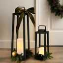 Integrated LED Solar Lantern Outdoor Large H24 Inch Black Metal Decorative Solar Light with Flickering Candle Waterproof Patio Lantern for Garden Pathway Porch Yard