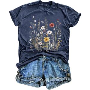 Women's T-Shirts Vintage Boho Sun Flowers Graphic Tees Cute Wildflowers Shirts Casual Summer Short Sleeve Tops (Medium, Blue)