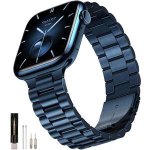 SUNFWR Compatible with Apple Watch Band 45mm 44mm 42mm for Men Women, Stainless Steel Metal iWatch Band for Apple Watch Series 9/8/7/6/5/4/3/2/1/SE/SE2(DarkBlue, 42mm/44mm/45mm No case)