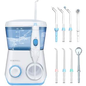 TUREWELL Water Flossing Oral Irrigator, 600ML Dental Cleaner 10 Adjustable Pressure, Electric Oral Flosser for Teeth/Braces, 8 Replacement Jet Tips for Family (White)