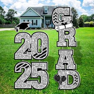 Graduation Yard Sign, Silver Large Congrats Grad Lawn Stakes, Class of 2025 Yard Signs with Stakes, Graduation Party Decorations Outdoor, Waterproof Graduation Yard Decor for College School
