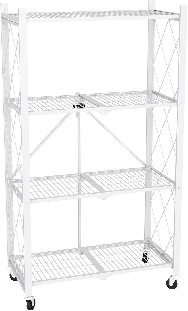 black leopard 4-Tier Foldable Metal Storage Shelf with Wheels, White
Foldable Design; 85 lb Capacity per Shelf; Preassembled Frame; Lockable Casters; Reinforced Metal Construction