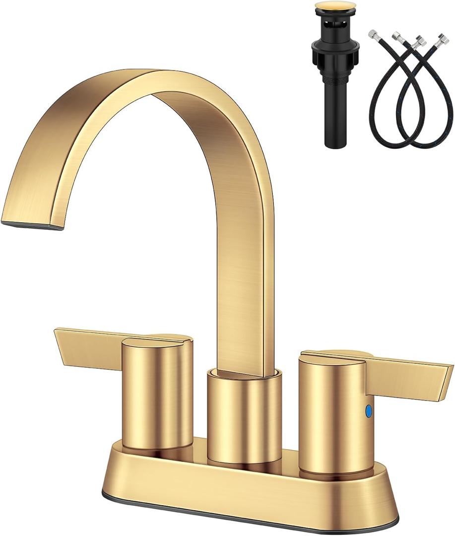 Aolemi Bathroom Faucets for Sink 3 Hole,4 Inch Centerset Waterfall Faucet 2 Handle for Bathroom Sink with Pop-Up Drain and Supply Lines Gold