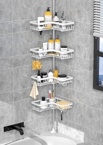 KEGII Corner Shower Caddy Tension Pole - Shower Tension Rod Organizer, Floor to Ceiling Shower Caddy 25-114.2 inch, Bathroom Rack Corner Waterproof, Pure White