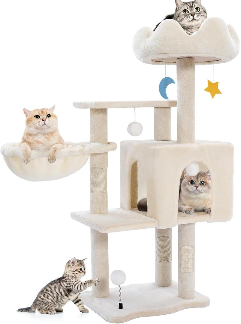 Cat Tree Tower with Metal Frame Hammock, 40'' Cat Trees for Indoor Cats Large Adult, Cat Towers with Scratching Post, Cats Condo Furniture with Cloud Top Perch, Cats Climbing Tower for Kittens(White)