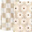 2 Pack Flour Sack Kitchen Towels - 16x26 Inch Cotton Dish Towels with Hanging Loop Reusable Geometric Boho Modern Retro Tea Towel Absorbent Dishcloths Home Decor, Beige Checkered Flower