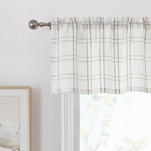 Beige White Buffalo Plaid Caf Curtain Valances,Tan Beige Stripes on White Textured Fabric,Rustic Semi Sheer Window Treatment for Kitchen Bathroom,55" Wx15 Lx1