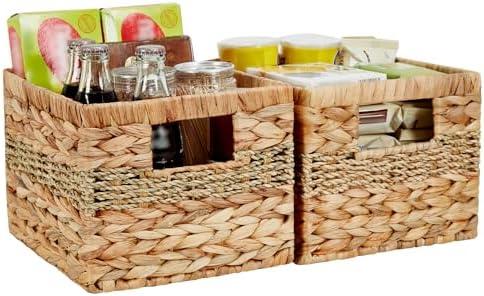 Bagnizer Hand-woven Water Hyacinth Baskets, Pantry Organizers and Storage with Handles, Decorative Wicker Baskets for Organizing Shelves, Laundry (10x8.5x7in 2-Pack, Natural Hyacinth)